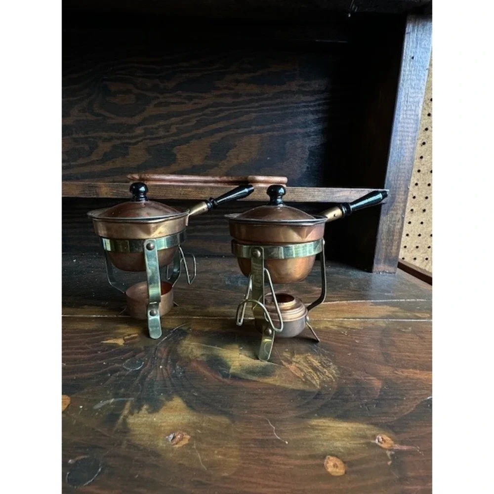 Vintage Copper‎ and Brass Butter Warmer Set with Stands and Lids - Set of 2